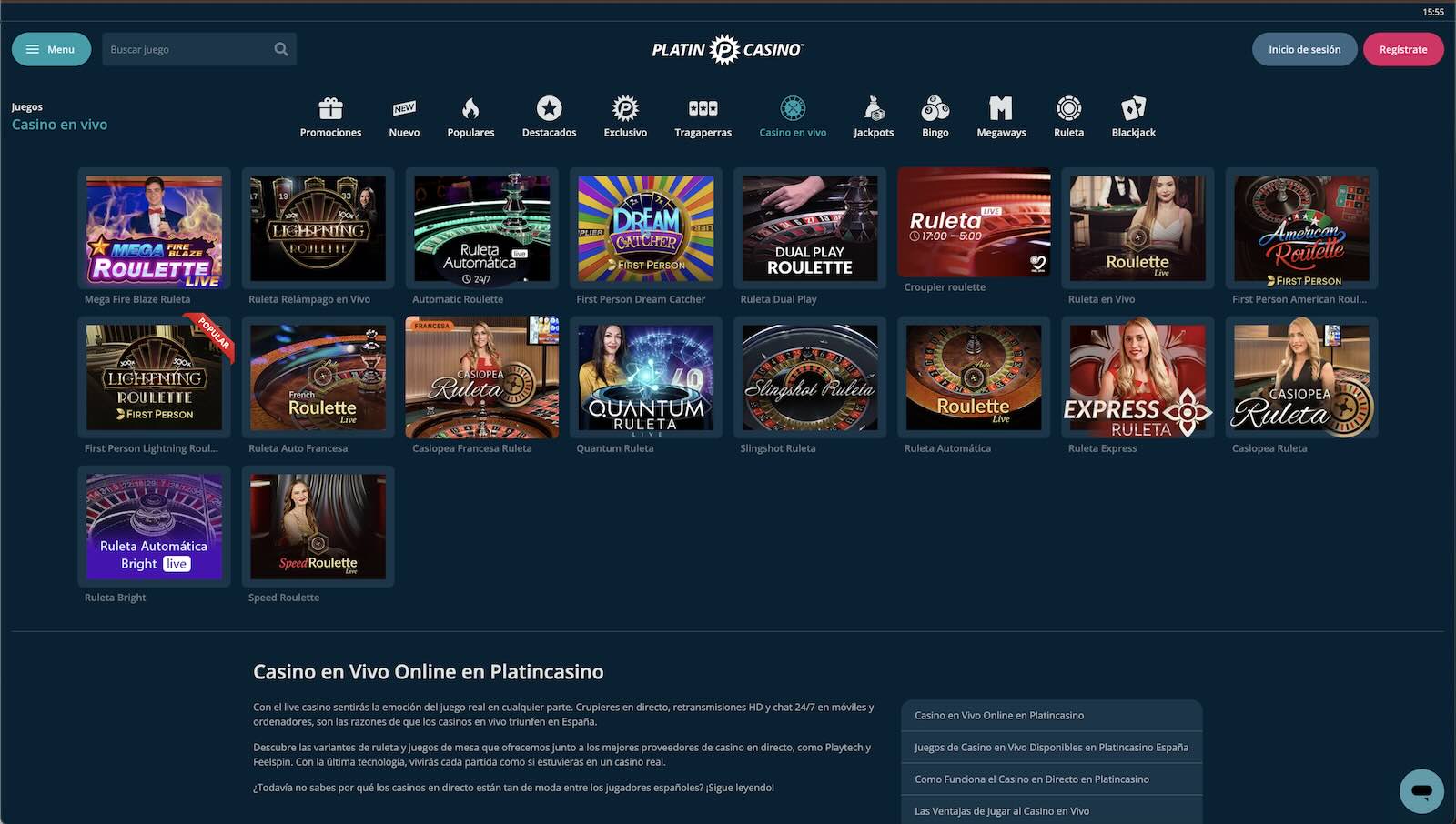 Ruleta en vivo na PlatinCasino.es