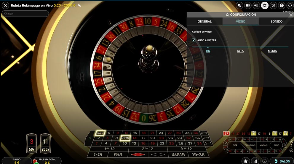 Opciones de personalización para jugar a la ruleta Relámpago en directo.