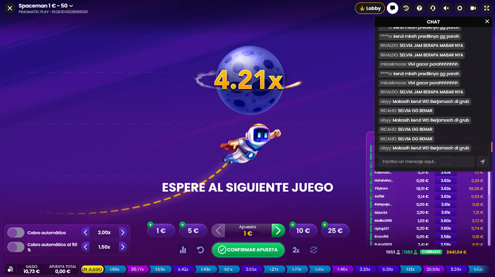 Chat y estadísticas de otros jugadores desplegados en la interfaz de Spaceman