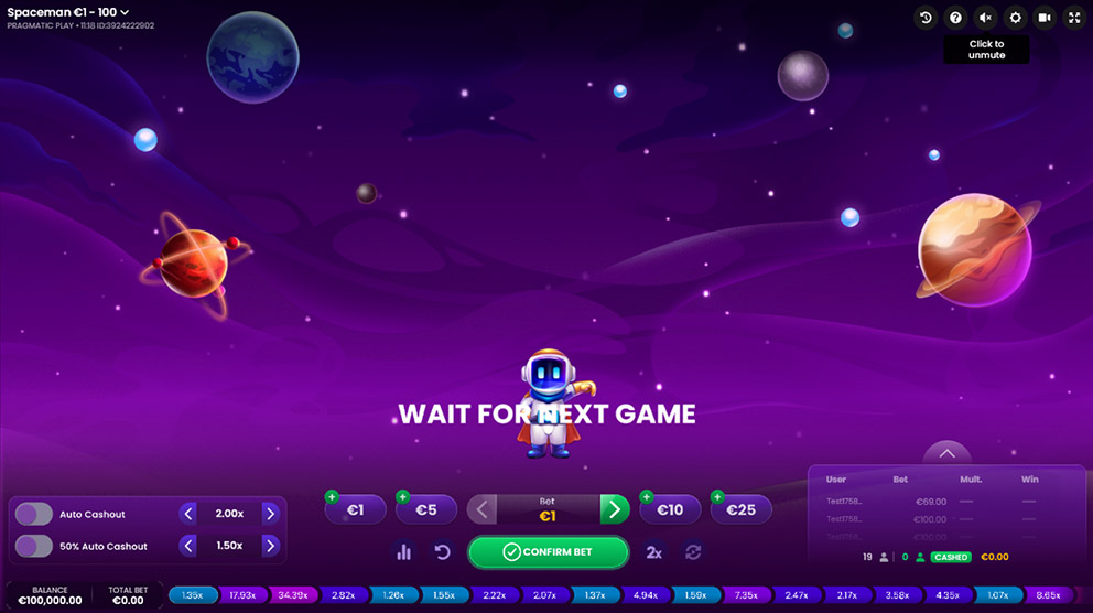 Inicio de ronda de juego en Spaceman de Pragmatic Play