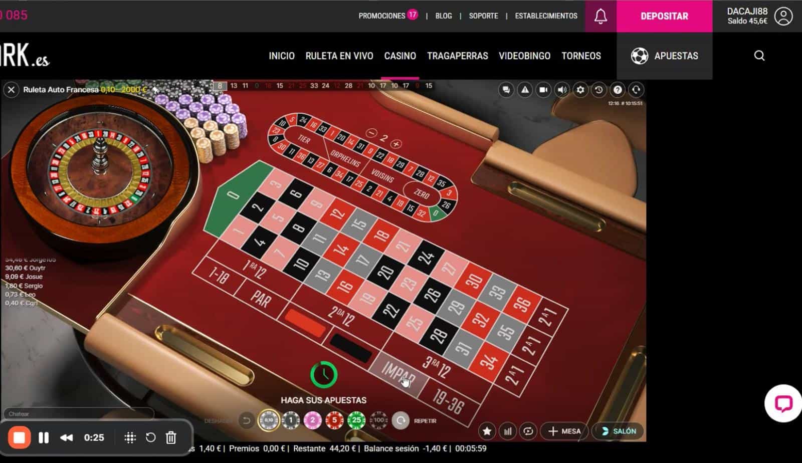 Apuesta Impar en Ruleta Automática en GoldenPark como ejemplo de apuesta externa