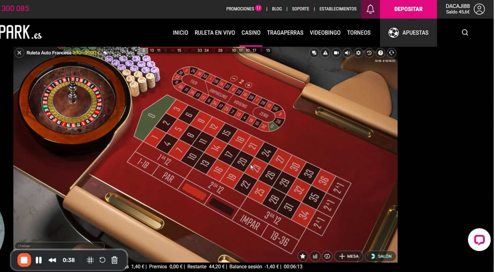 Apuesta pleno al 23 en Ruleta Automática en GoldenPark como ejemplo de apuesta interna