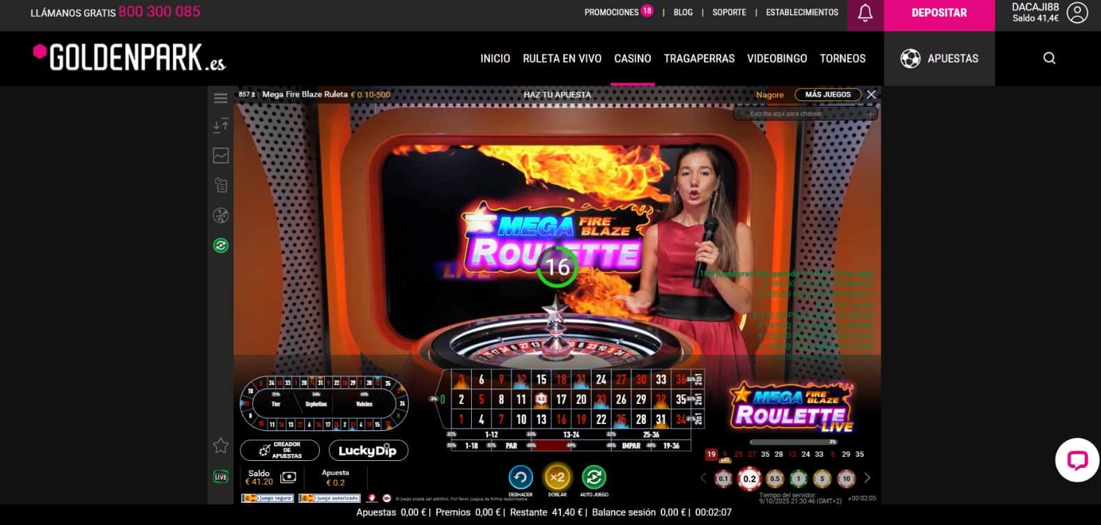 Apuesta pleno al 14 en vivo con dinero real en Mega Fire Blaze Roulette Live en GoldenPark