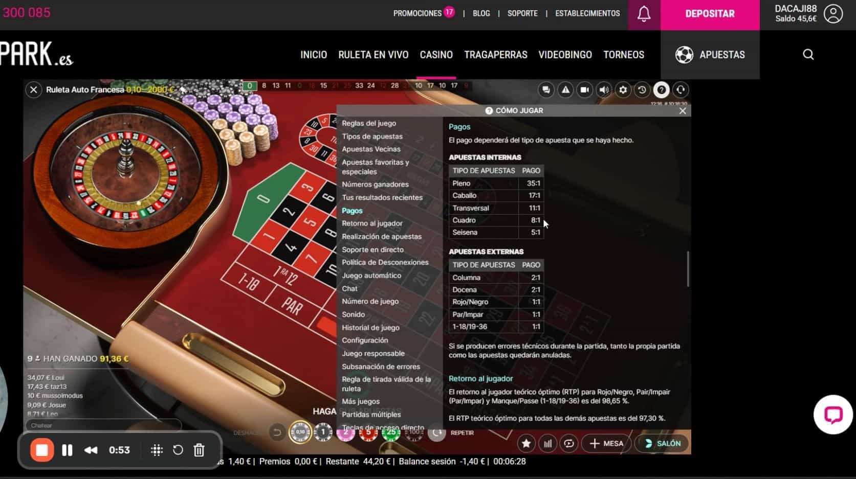 Premios de la Ruleta Automática en GoldenPark como ejemplo de cuánto se paga el acierto en este tipo de ruleta