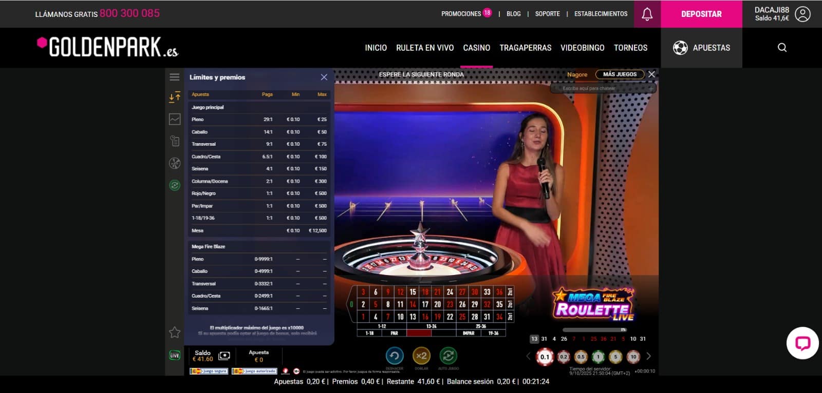Tabla de pagos según los premios para las apuestas en Mega Fire Blaze Roulette Live en GoldenPark