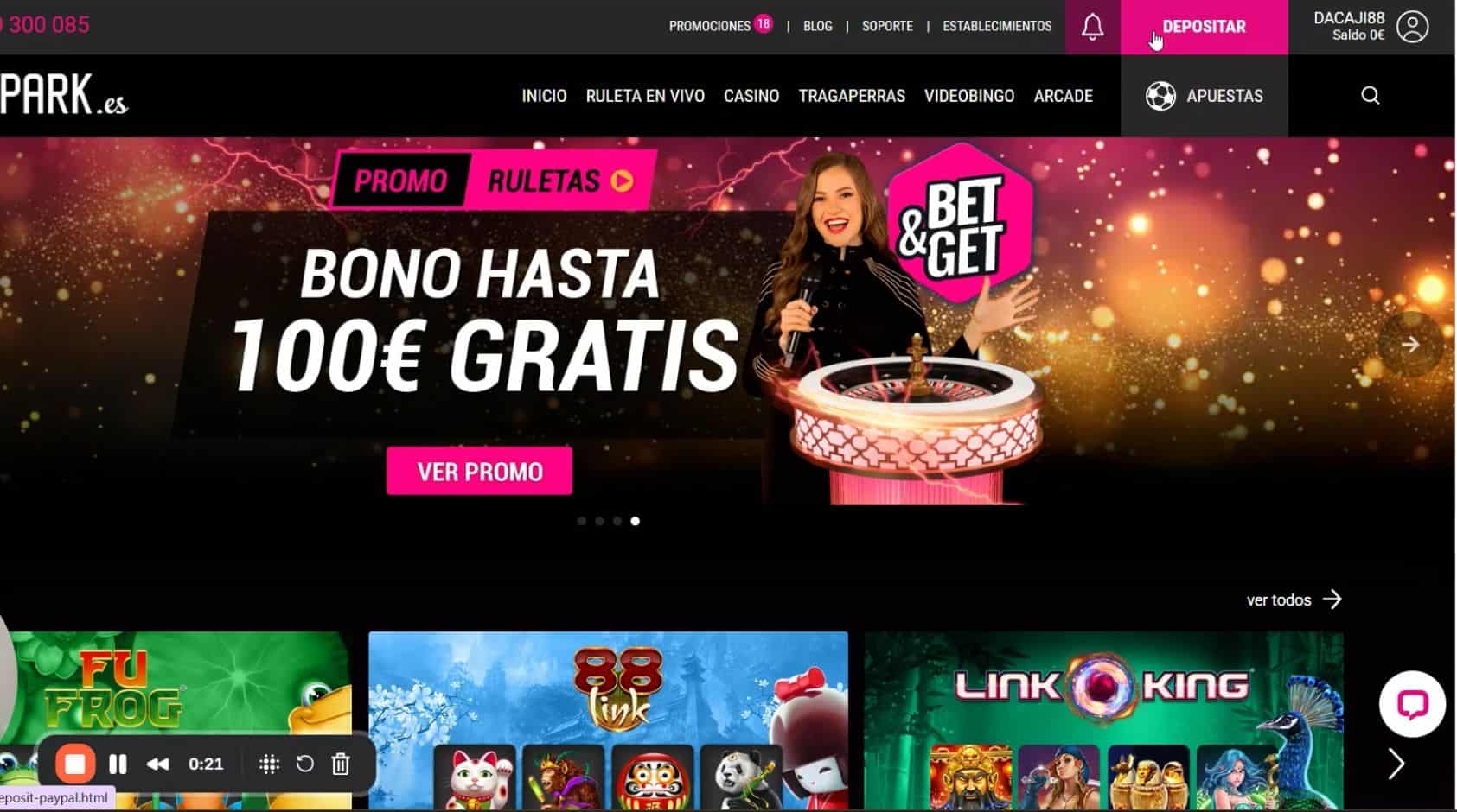 Muestra cómo depositar dinero real en casino online GoldenPark con el método de pago transferencia