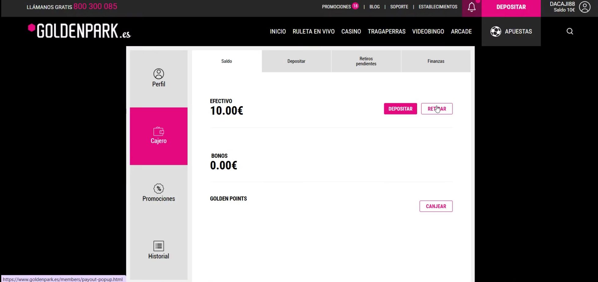Muestra cómo retirar dinero real en casino online GoldenPark con el método de pago transferencia