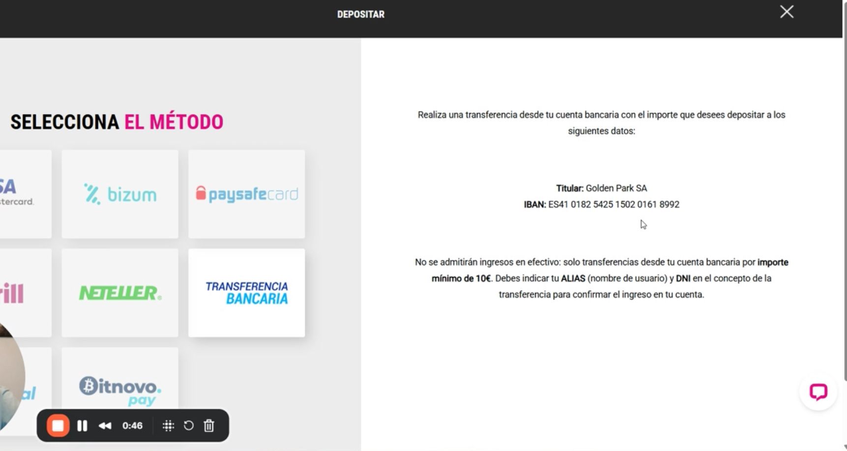 Muestra cómo depositar dinero real en casino online GoldenPark con el método de pago transferencia