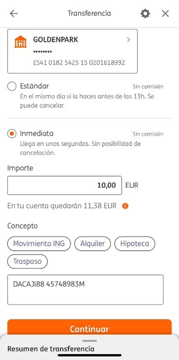 Muestra cómo depositar dinero real en casino online GoldenPark con el método de pago transferencia
