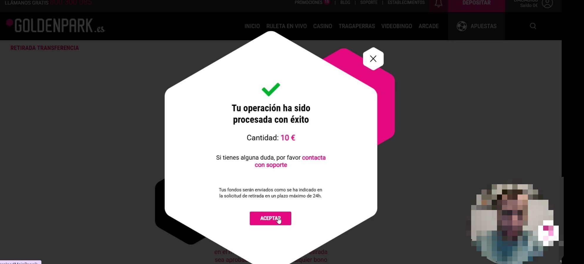 Muestra cómo retirar dinero real en casino online GoldenPark con el método de pago transferencia
