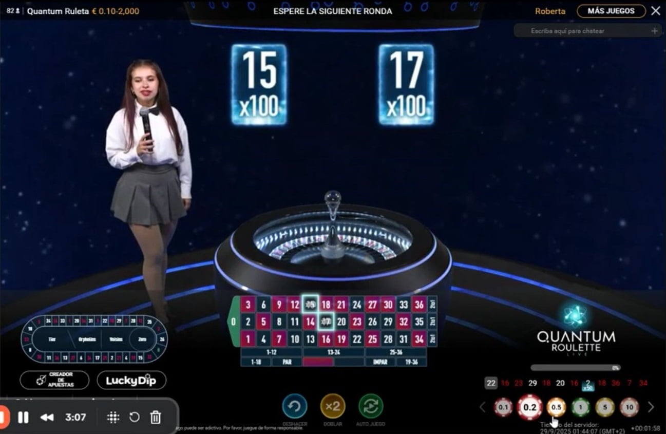 Multiplicadores simples para apuestas en pleno al 15 o al 17 en Quantum Ruleta en 888 Casino