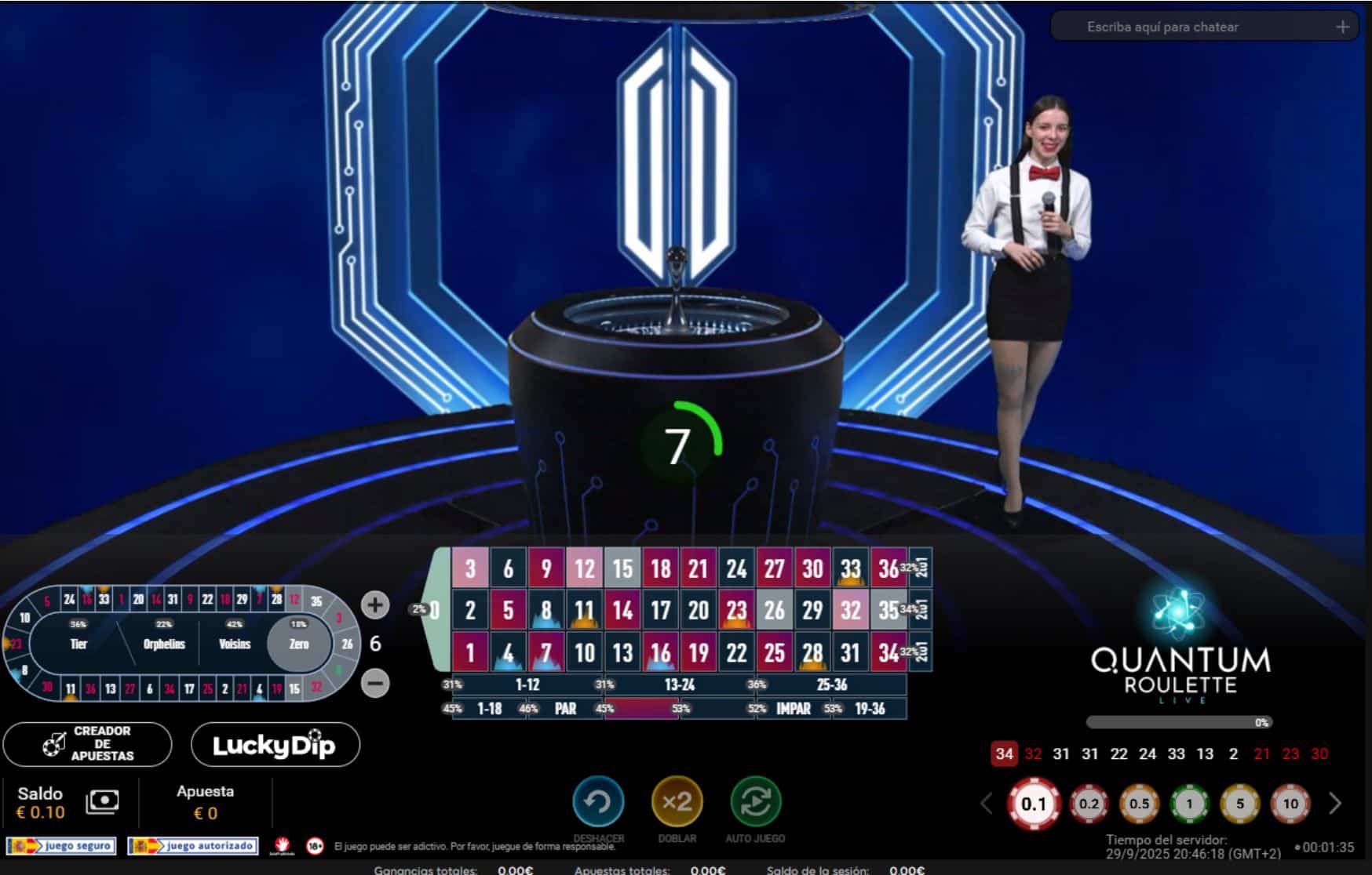 Apuesta vecinos en Quantum Ruleta en 888 Casino