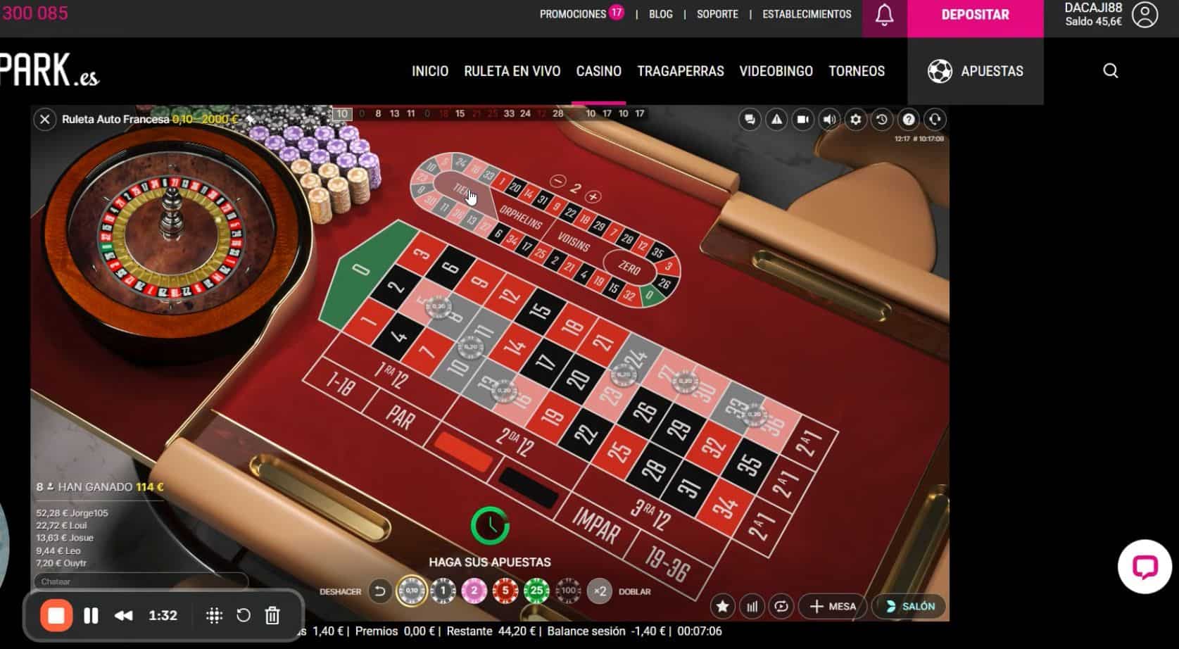 Apuesta de 6 caballos en Ruleta Automática en GoldenPark como ejemplo de apuesta en Tier