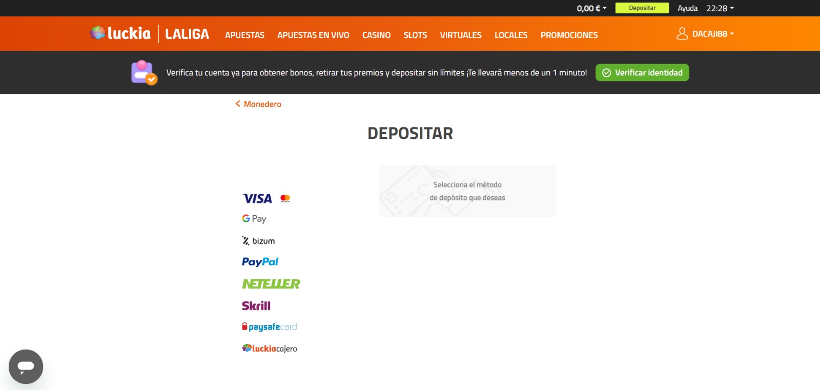 Pantallazo del cajero del casino online Luckia