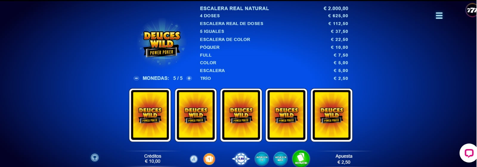 Pantallazo de una partida real de Deuces Wild juego videopóker