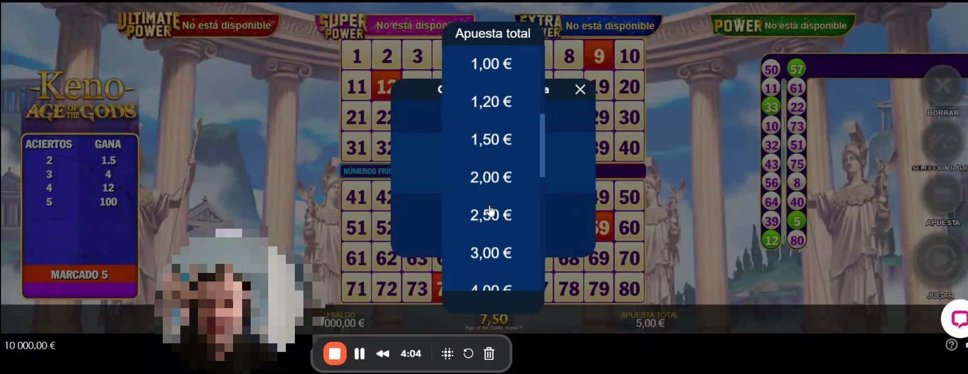 Elección de apuesta en prueba de juego Keno Online en Golden Park