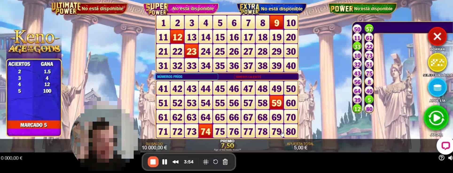 Elección de spots en prueba de juego Keno Online en Golden Park