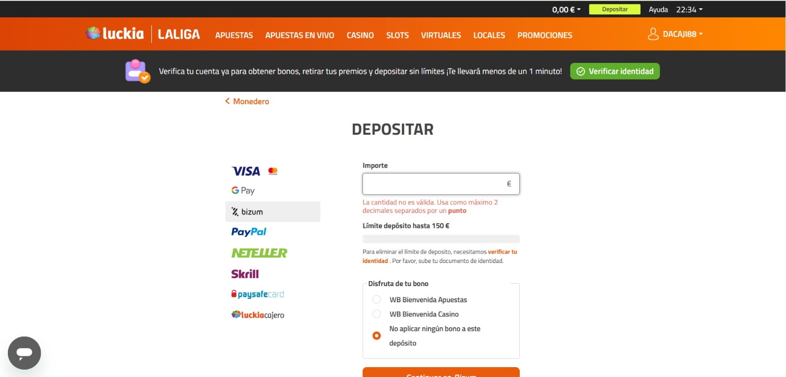 Pantallazo de elegir Bizum como método de pago depósito mínimo 1€ en Luckia