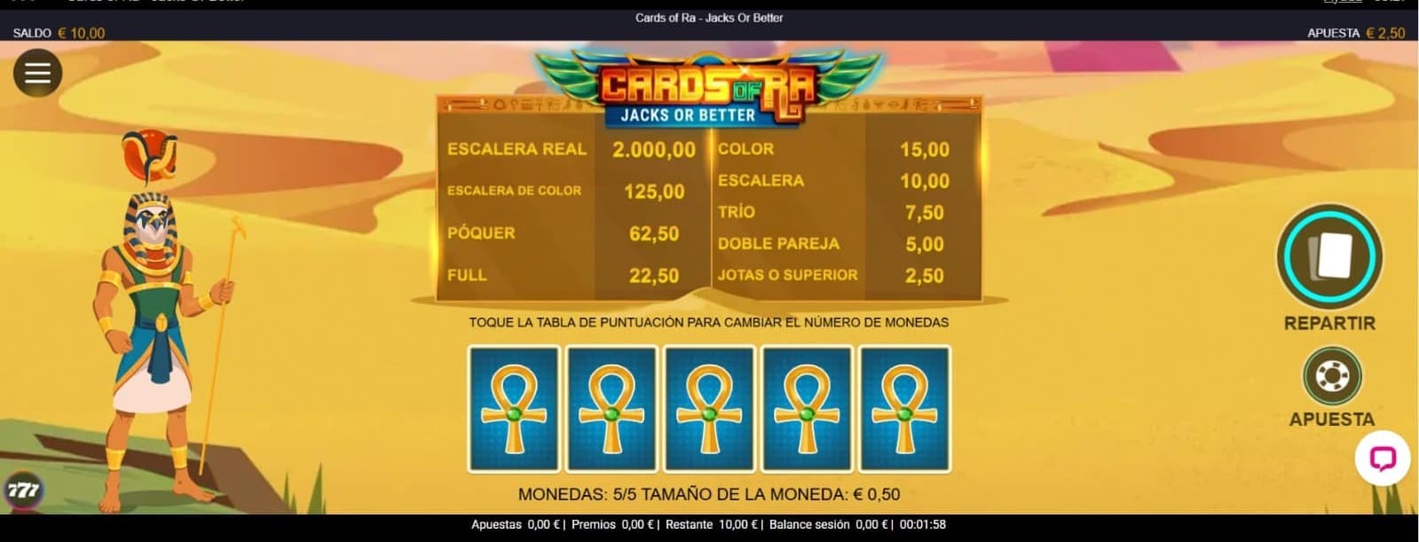 Pantallazo de una partida real de Jacks or Better juego videopóker