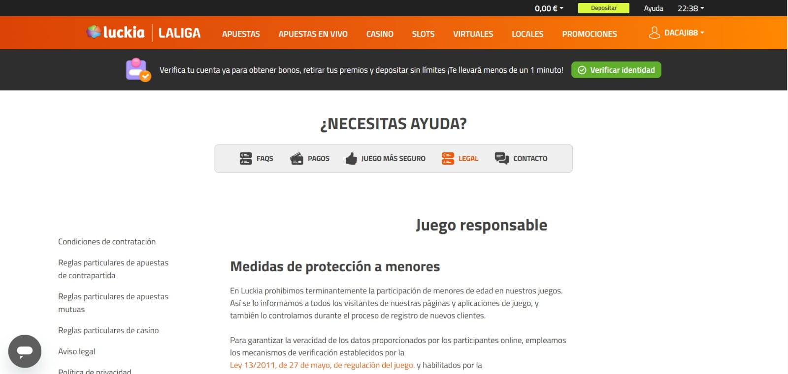 Pantallazo de apartado de juego responsable en Luckia