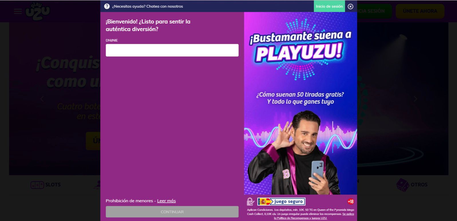 Pantallazo de cómo registrarse en el casino online PlayUZU para explicar el paso a paso de Cómo jugar a Bingo Online en España