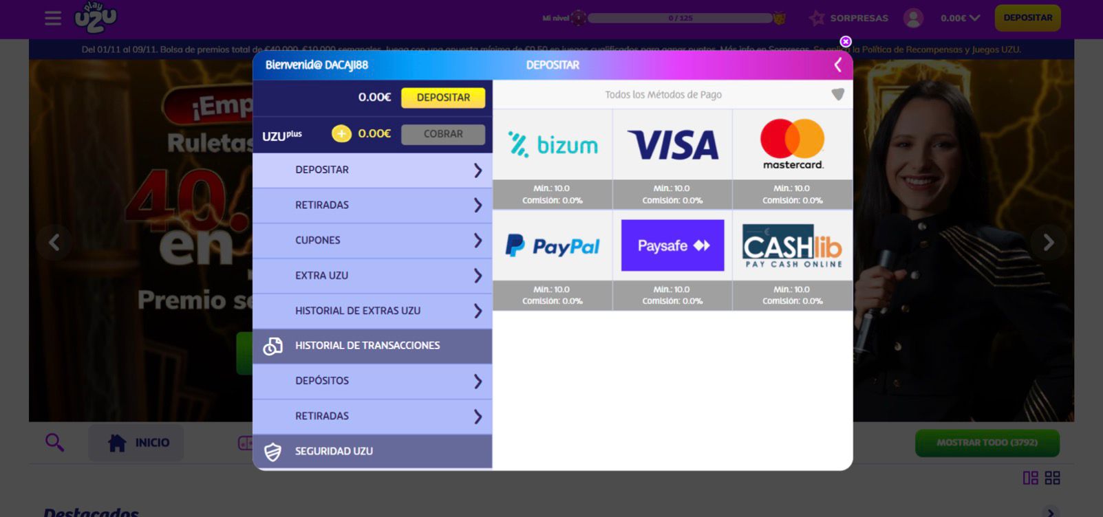 Pantallazo de cómo depositar saldo en el casino online PlayUZU para explicar el paso a paso de Cómo jugar a Bingo Online en España