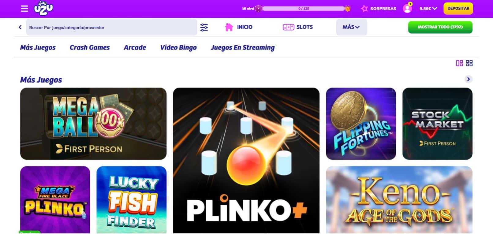 Pantallazo de cómo buscar juegos de bingo online en el casino online PlayUZU para explicar el paso a paso de Cómo jugar a Bingo Online en España