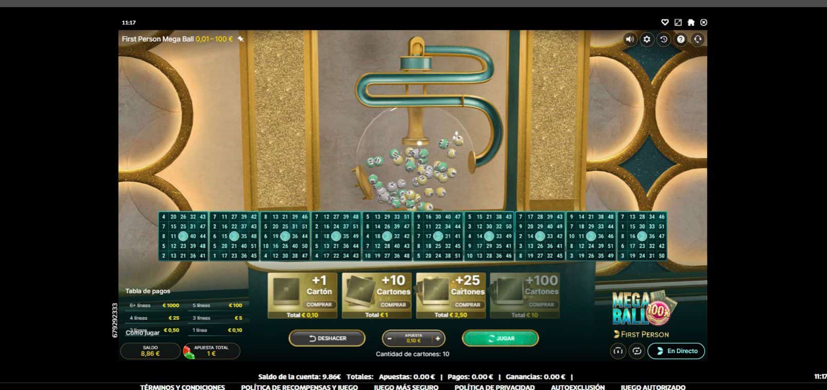 Pantallazo de cómo elegir importe de apuesta y números de cartones en el First Person Mega ball en el casino online PlayUZU para explicar el paso a paso de Cómo jugar a Bingo Online en España