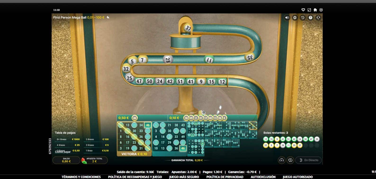 Pantallazo de juego automático en First Person Mega ball en el casino online PlayUZU para explicar el paso a paso de Cómo jugar a Bingo Online en España