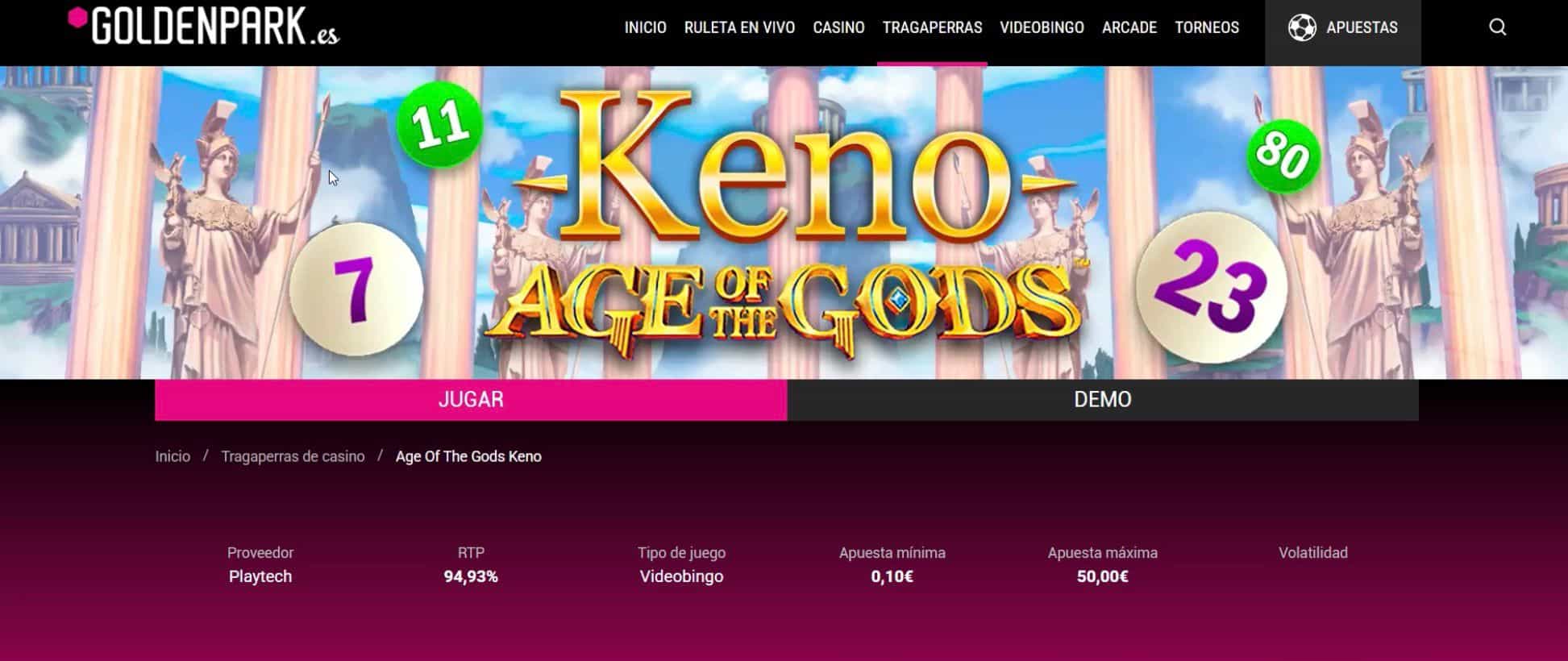 Prueba de juego Keno Online en Golden Park