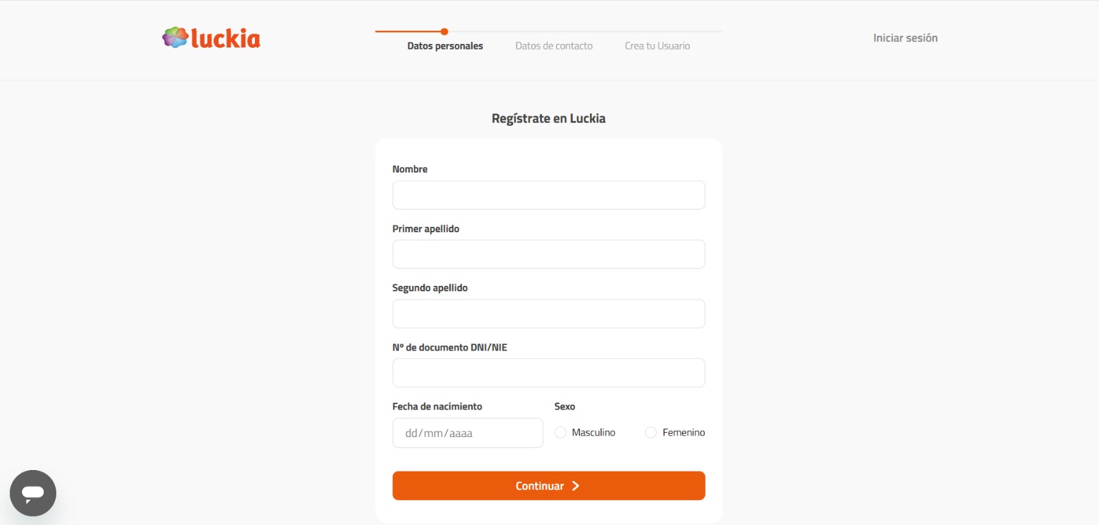Pantallazo de Registro y verificación de identidad de Luckia