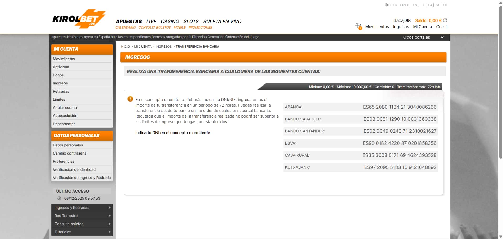 Cómo realizar la transferencia bancaria con depósito mínimo de 2€ en casino online Kirolbet