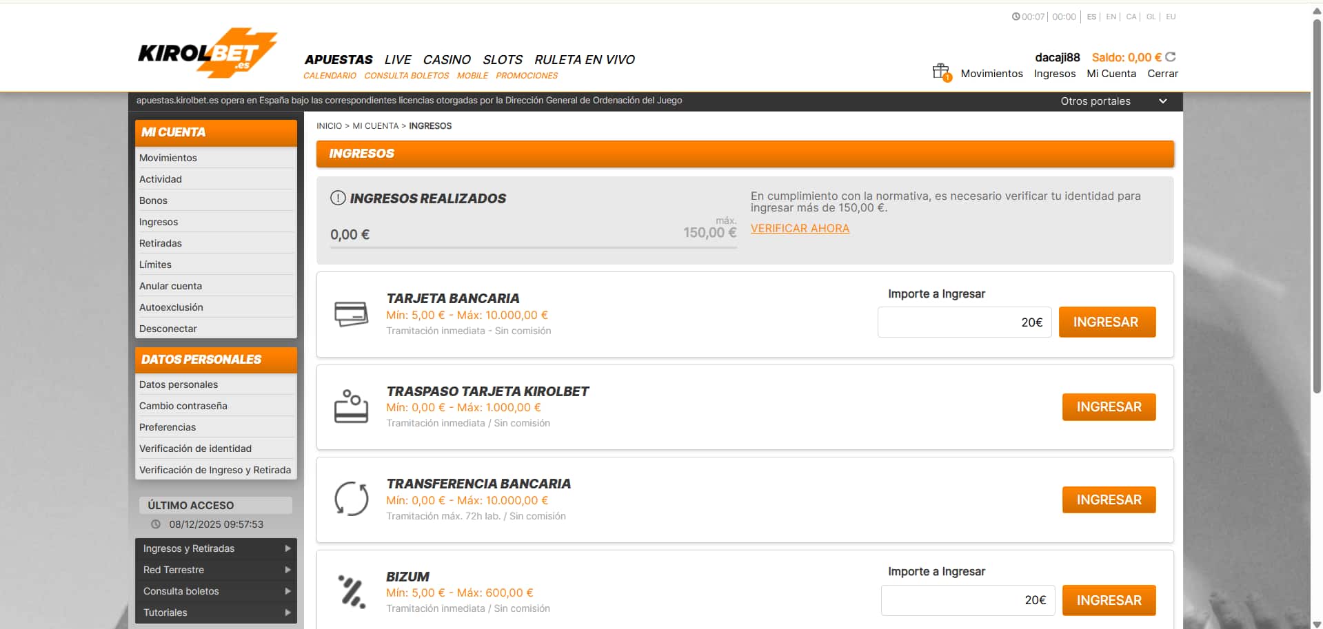 Elección método de pago en casino online Kirolbet
