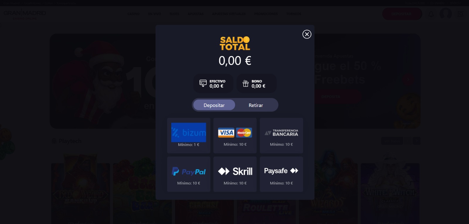 Elegir método de pago Bizum para realizar depósito mínimo 5€ en Gran Casino Madrid Online