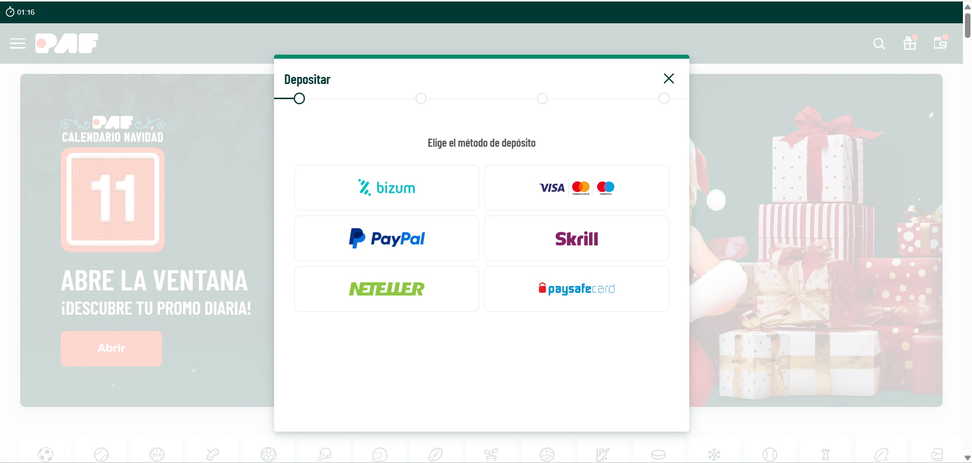 Pantallazo elegir método de pago en PAF