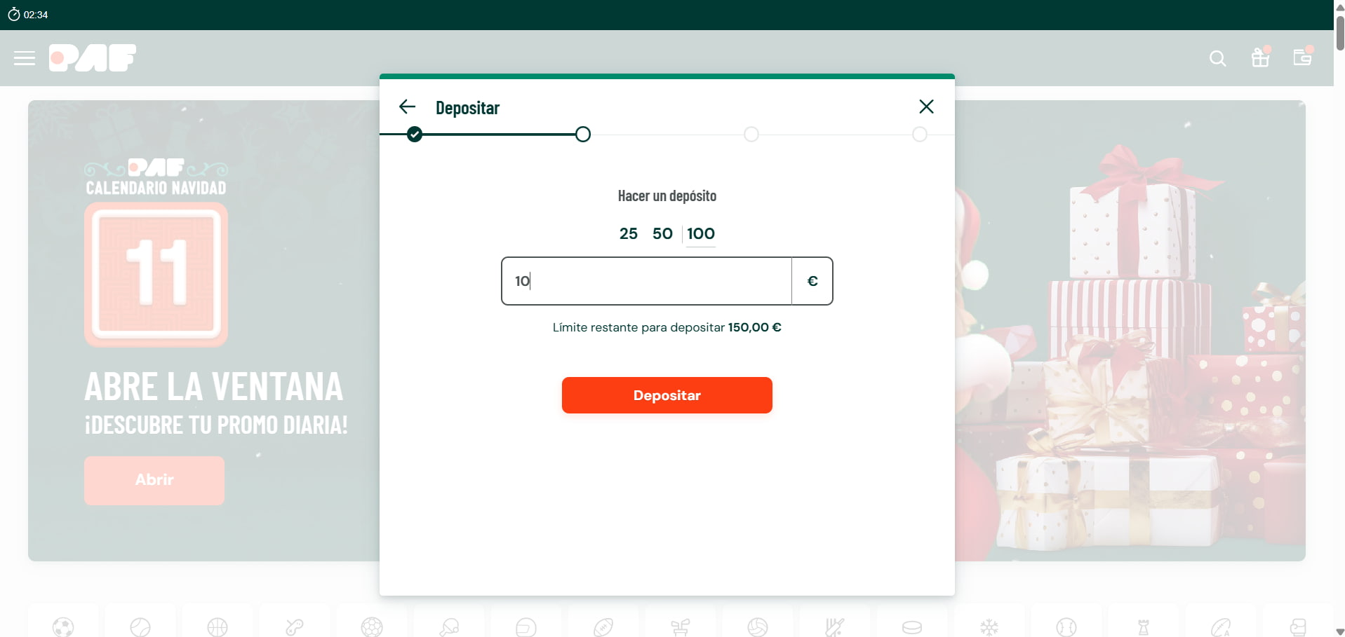 Pantallazo introducir importe depósito mínimo de 10€