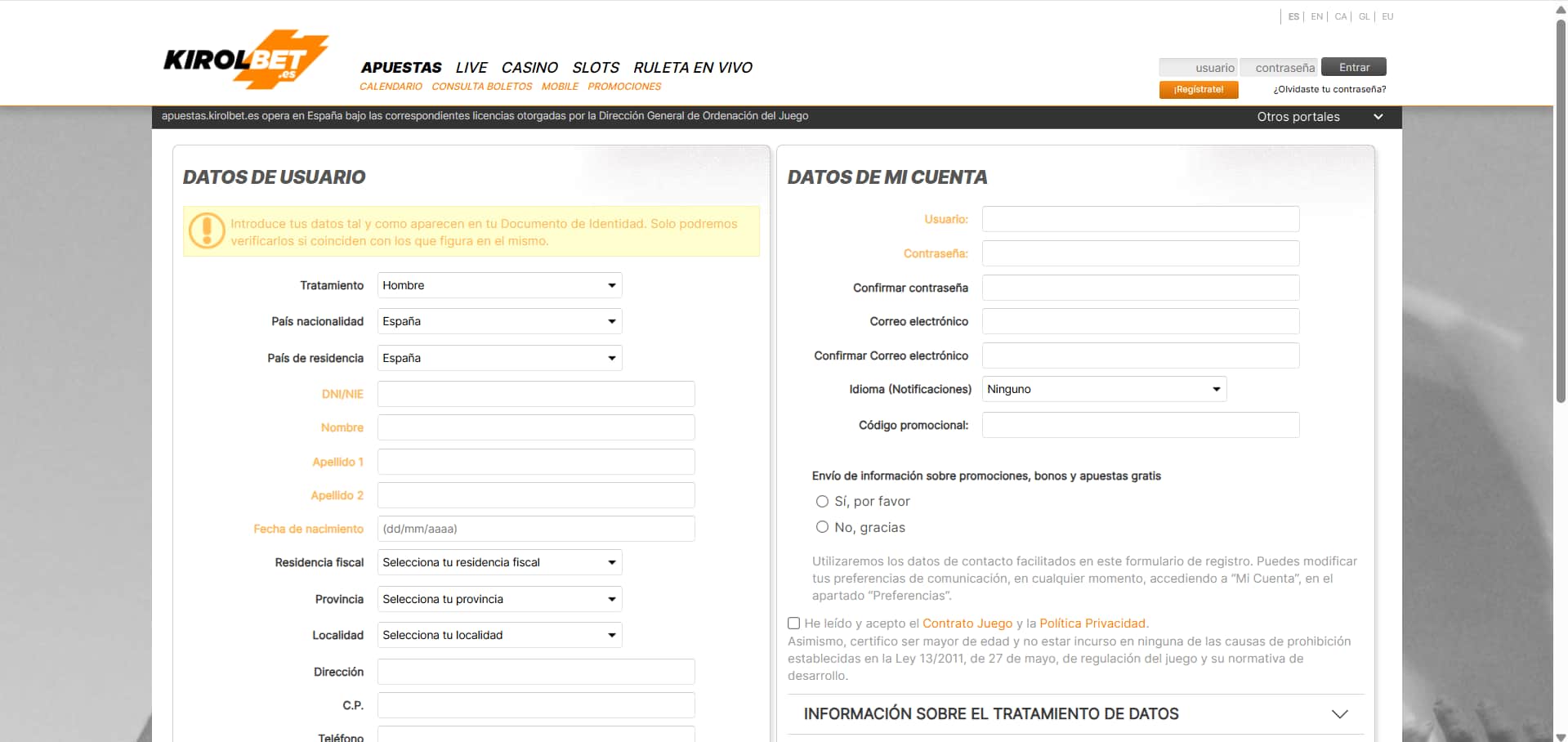Registro de usuario en casino online Kirolbet