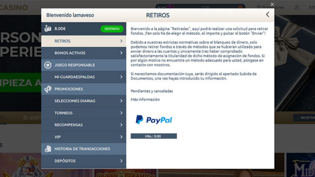 Los retiros en Prime Casino están disponibles con PayPal, Apple Pay tarjeta y transferencia (si depositaste con Bizum, CashLib o PaySafeCard)