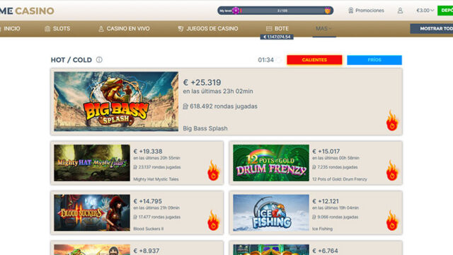 Prime Casino España ofrece herramientas como su panel Hot/Cold para mostrar los juegos que más (o menos) están tocando
